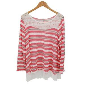 Womens Pink Striped Hi-Low Tunic Top 2X Long Sleeve Scoop‎ Neck Lace Yummy Plus